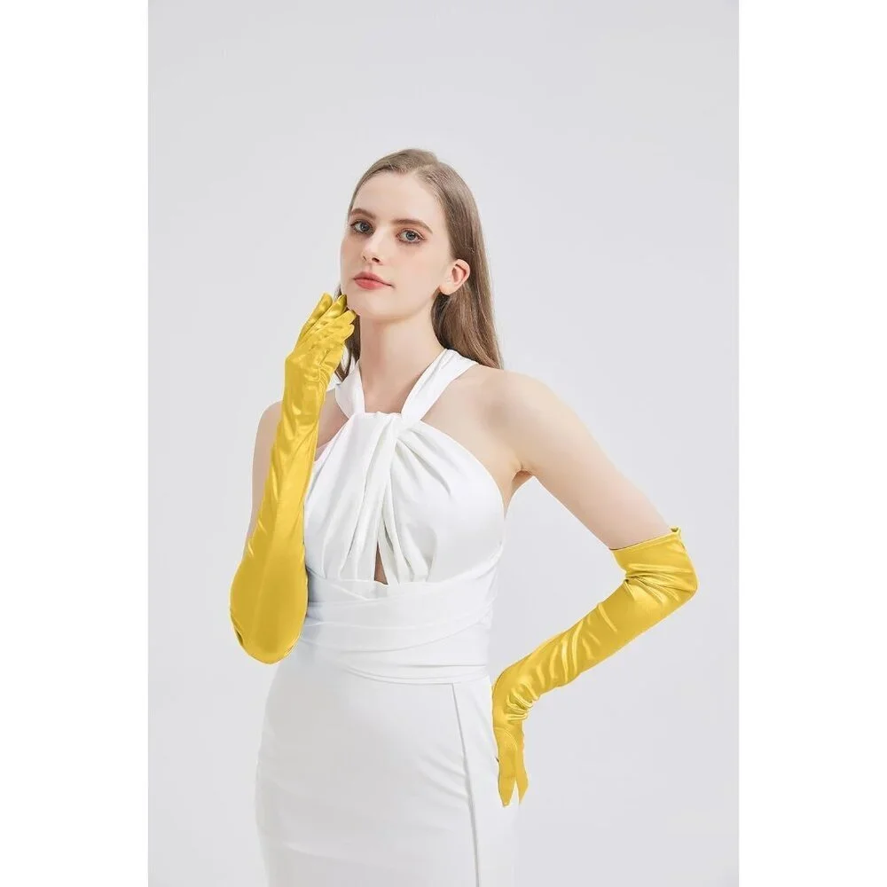 Women's Golden Yellow Imported Satin Elbow Length Halloween Cosplay Opera Gloves